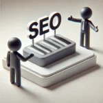 DALL·E 2025-02-27 22.32.59 - A 3D-rendered digital illustration featuring a rectangular bar labeled 'SEO' in bold letters. Two simplistic 3D stick figures stand on either side of